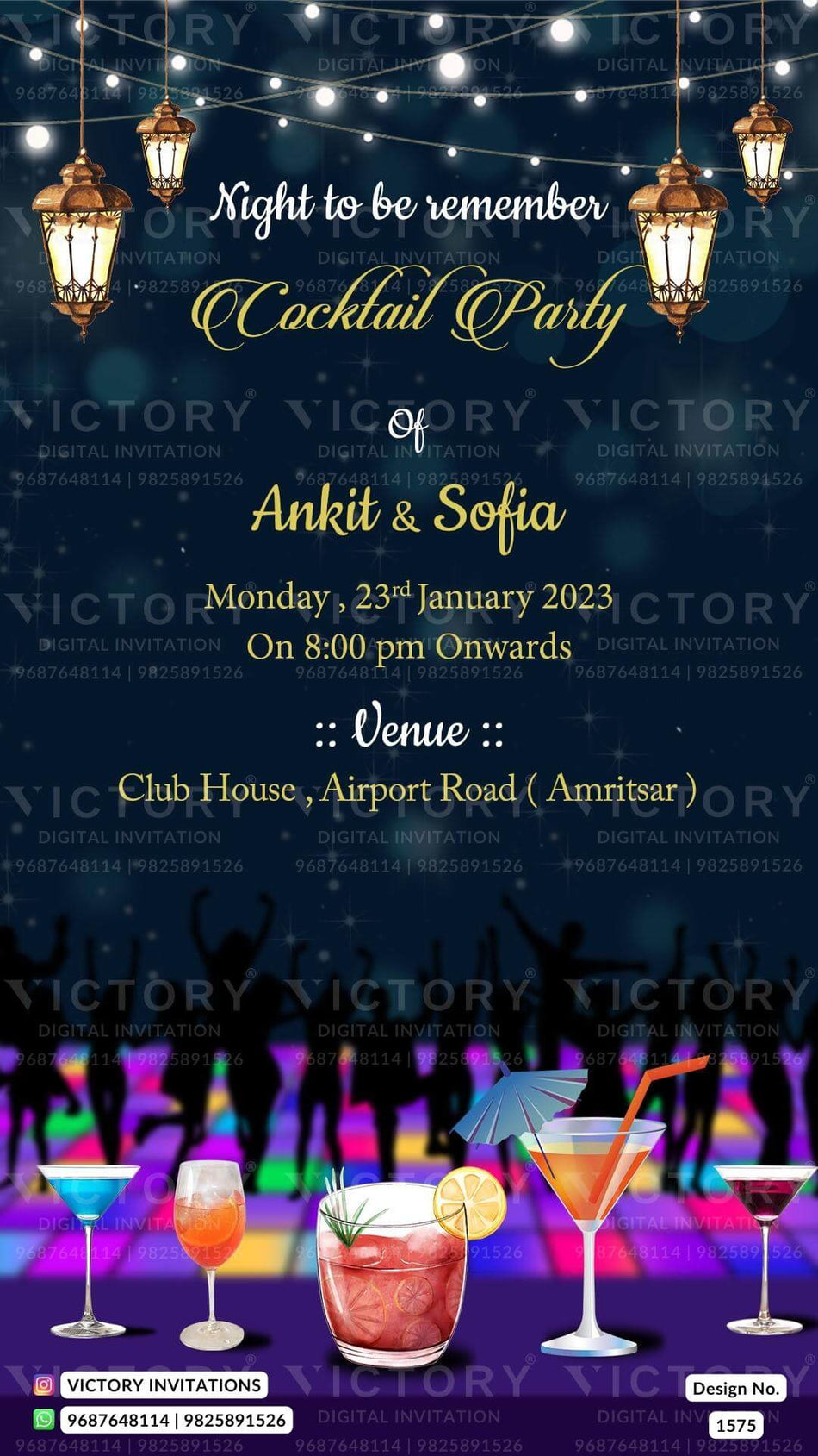 Cocktail Party invitation card in english language with neon theme design 1575