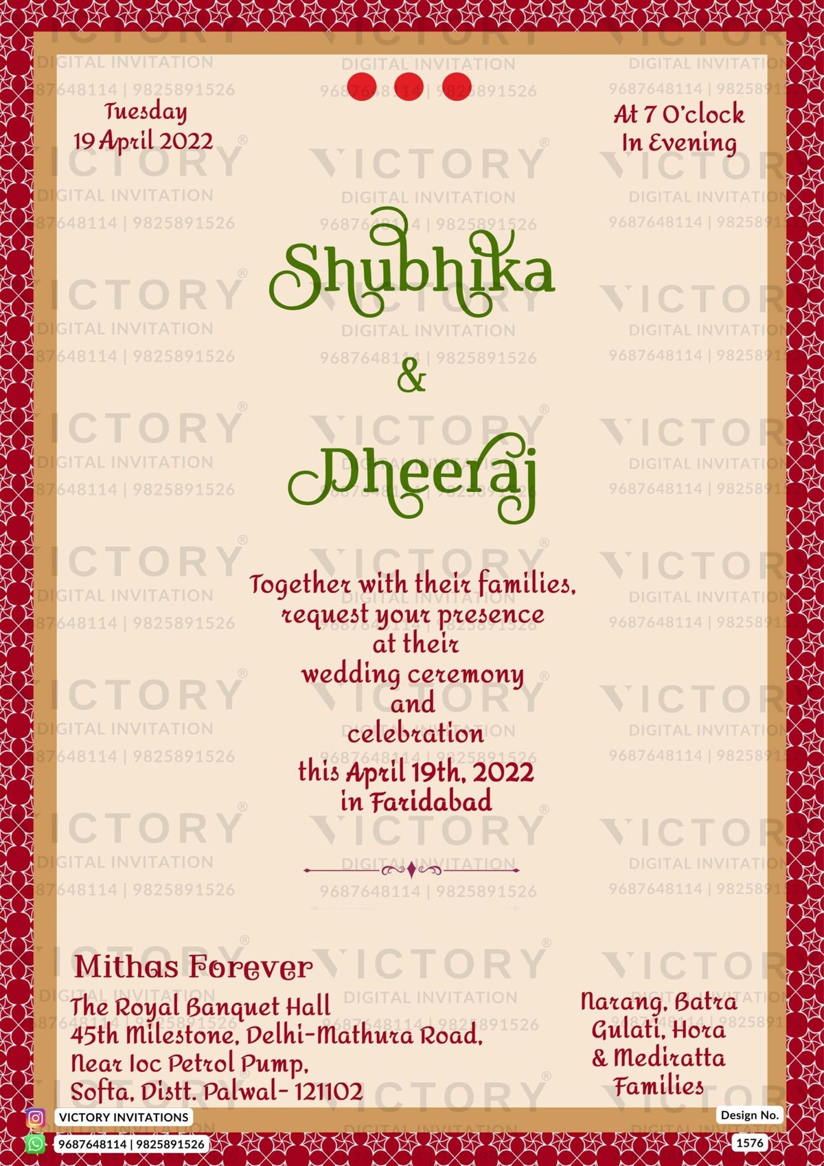 An exquisite wedding invitation with Antique Creamy White Backdrop with Rich Crimson Red Border and Cream Shade Pattern