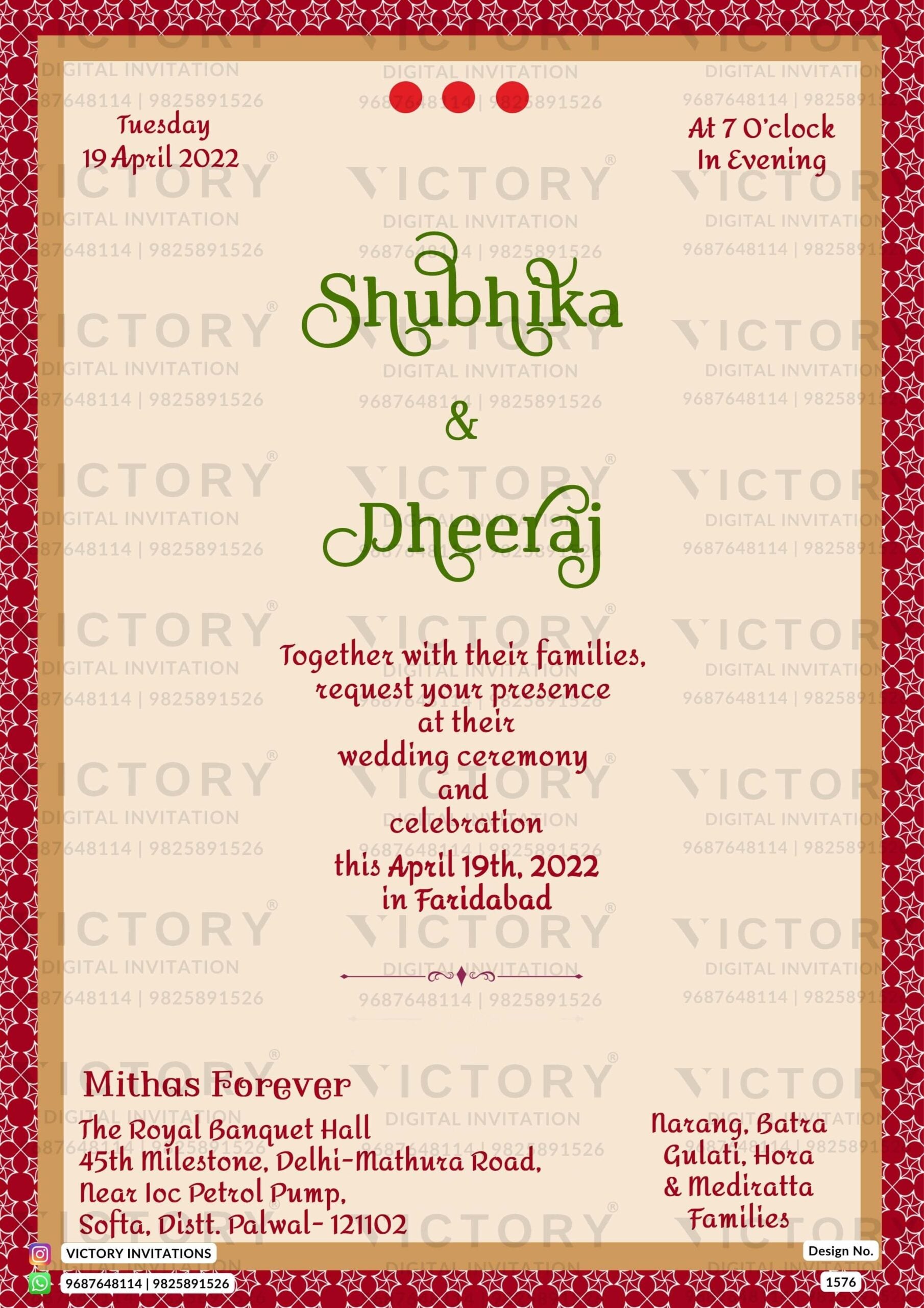 An exquisite wedding invitation with Antique Creamy White Backdrop with Rich Crimson Red Border and Cream Shade Pattern