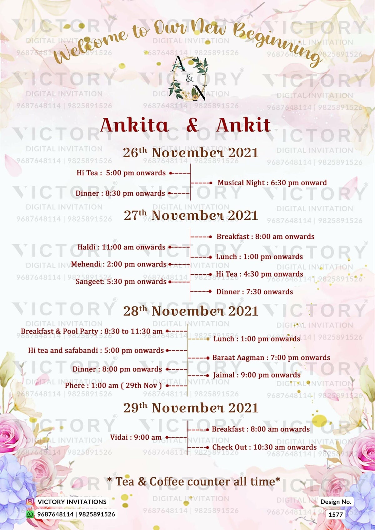Wedding Timeline ceremony invitation card in english language with floral theme design 1577
