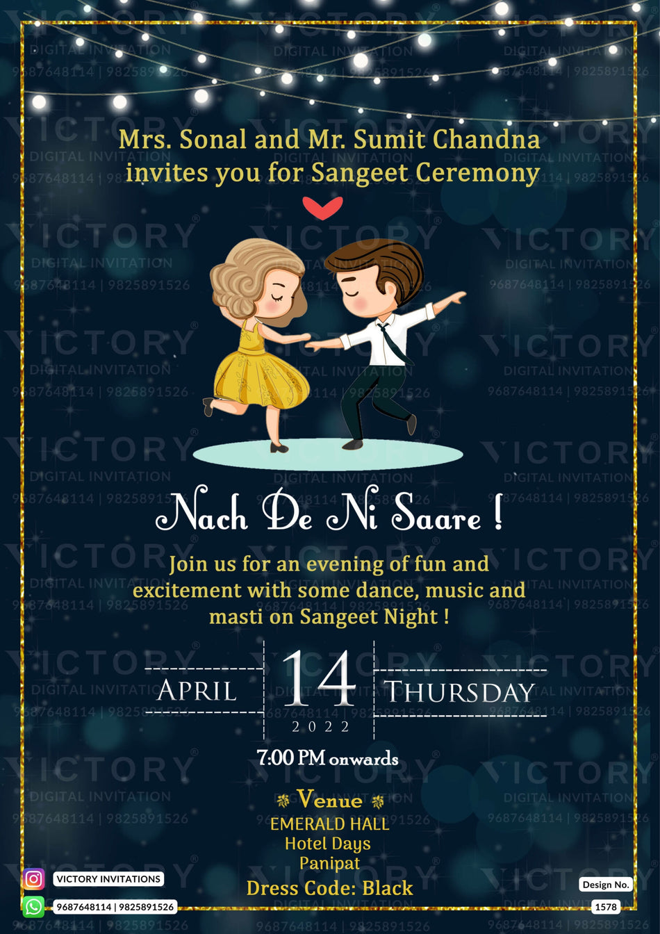 Sangeet Sandhya Ceremony invitation card in english language with string lights, couple doodle as glittery theme design 1578