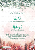 Haldi ceremony invitation card in english language with green leaves as floral theme design 158.2