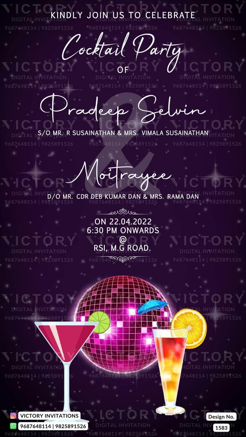 Cocktail Party invitation card in english language with glitter theme design 1583