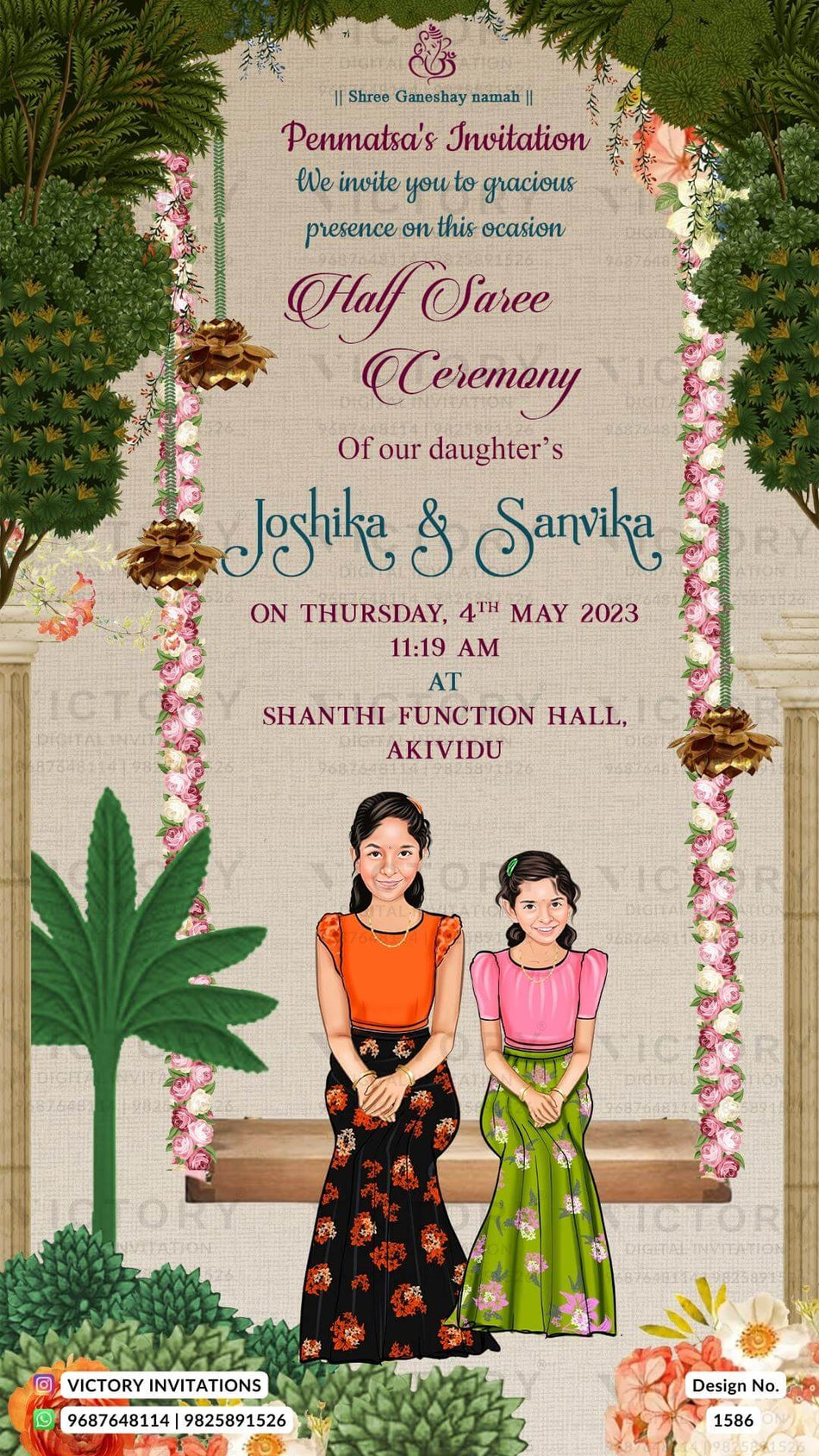 The Half Saree Ceremony with Graceful Girls caricatures, Majestic Trees, Ganesh's Sacred Motif, and Flowers, Design no. 1586