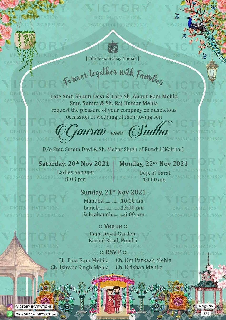 Wedding ceremony invitation card of hindu punjabi haryanvi family in english language with arch theme design 1587