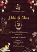 Haldi ceremony invitation card in english language with couple logo, birds as minimalistic theme design 1591