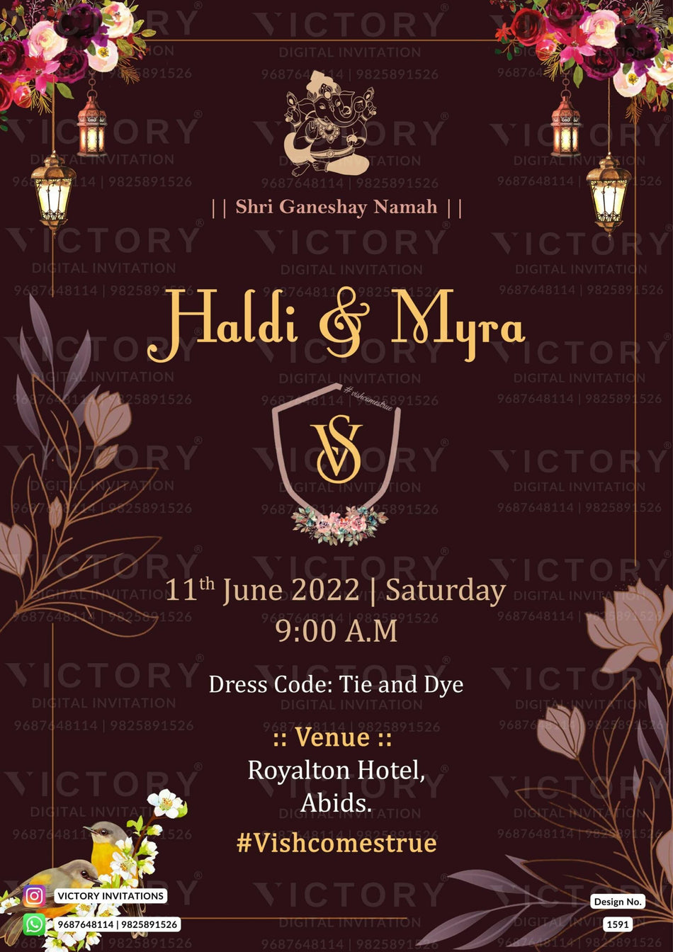Haldi ceremony invitation card in english language with couple logo, birds as minimalistic theme design 1591