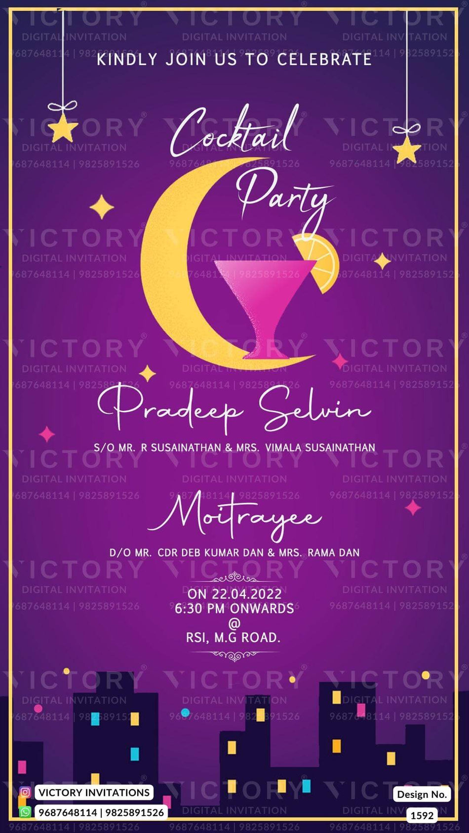 Cocktail Party invitation card in english language with night theme design 1592