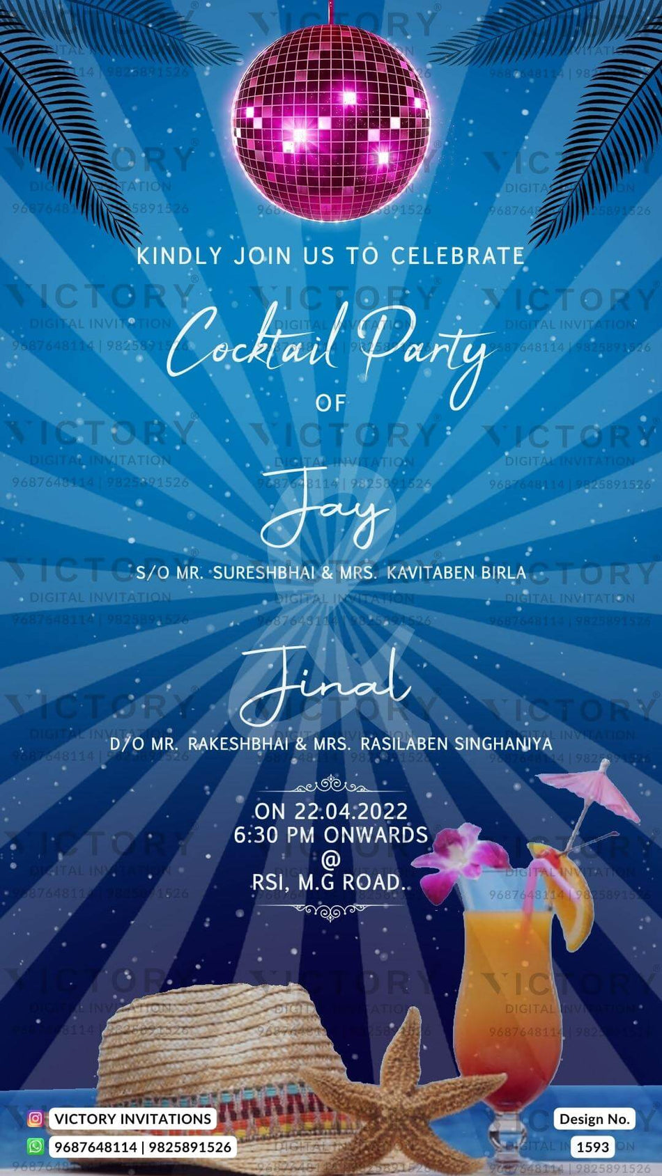 Cocktail Party invitation card in english language with beach theme design 1593