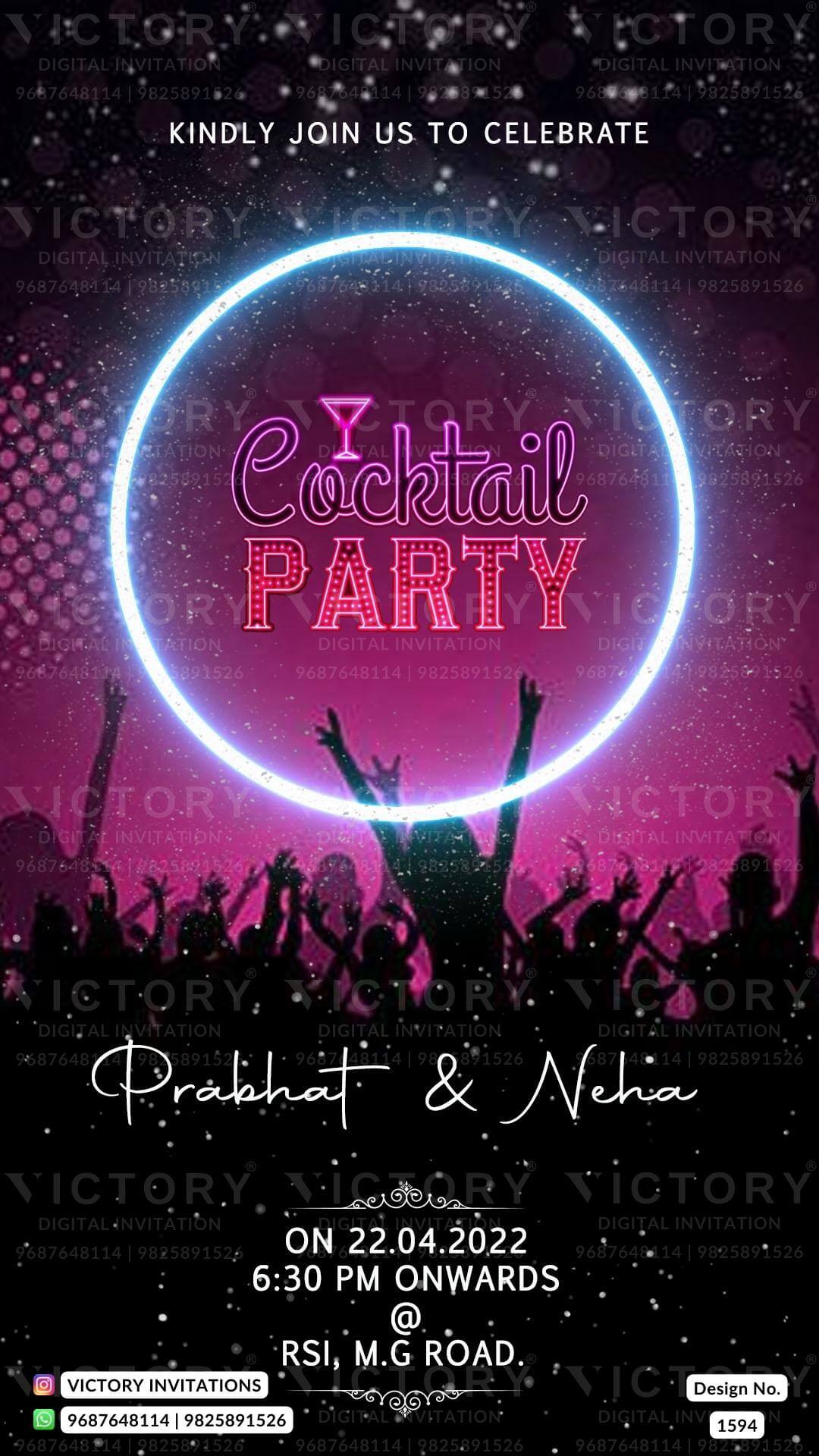 Cocktail Party invitation card in english language with glitter theme design 1594