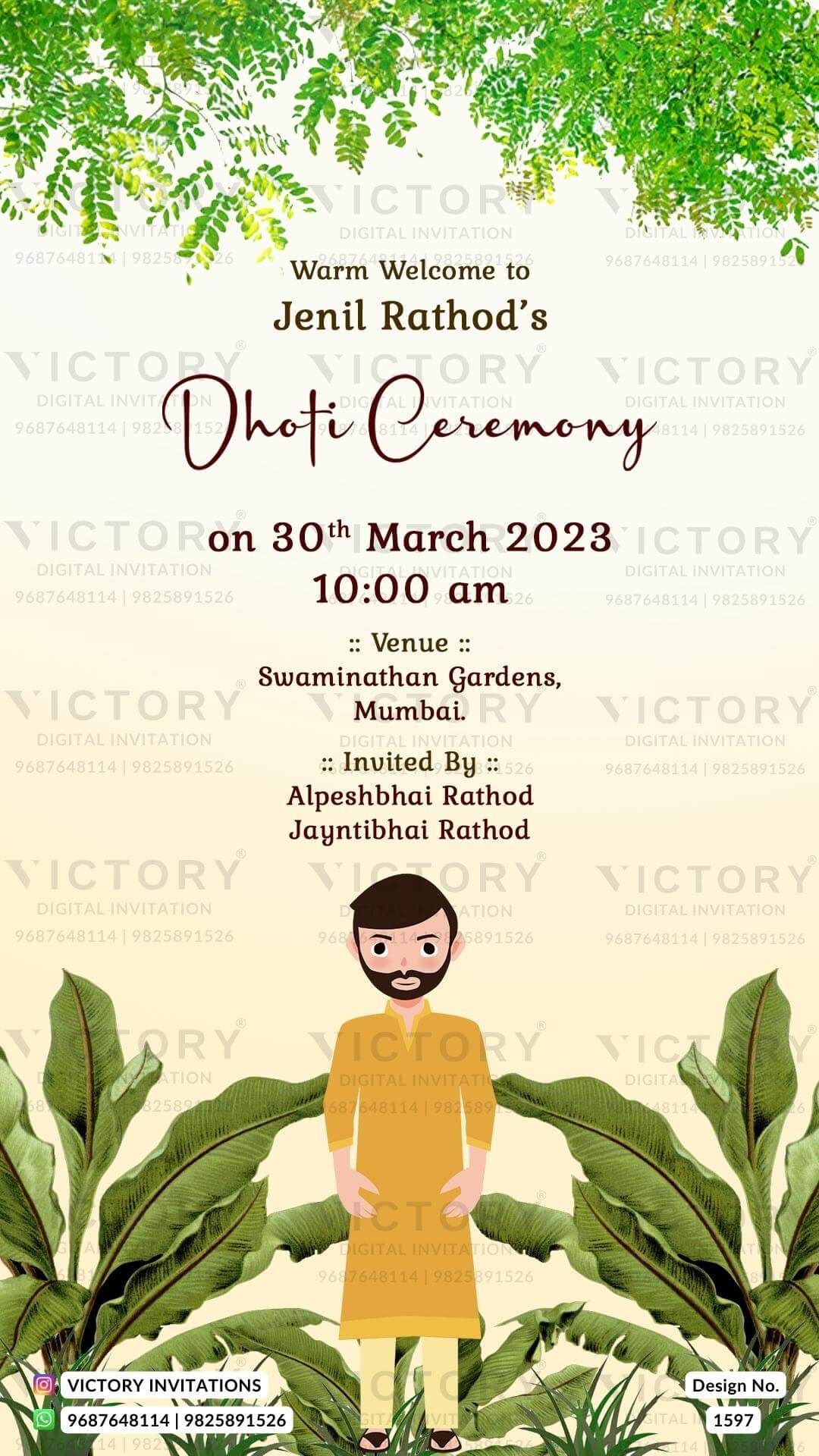 Dhoti ceremony invitation card in english language with banana leaves theme design 1597