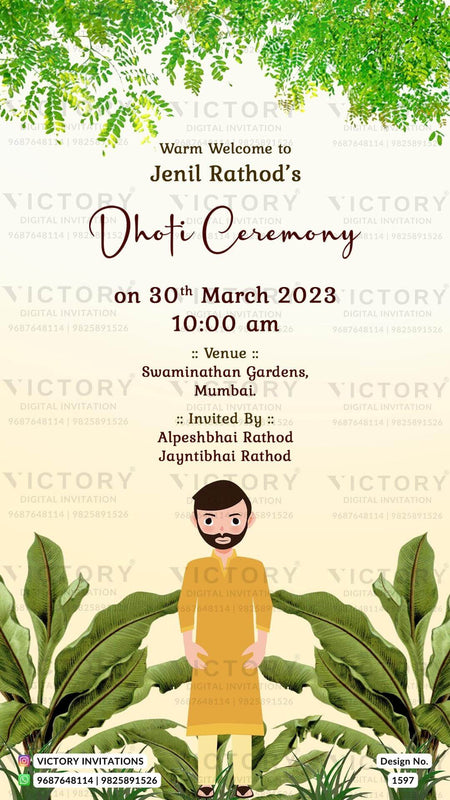 Dhoti ceremony invitation card in english language with banana leaves theme design 1597