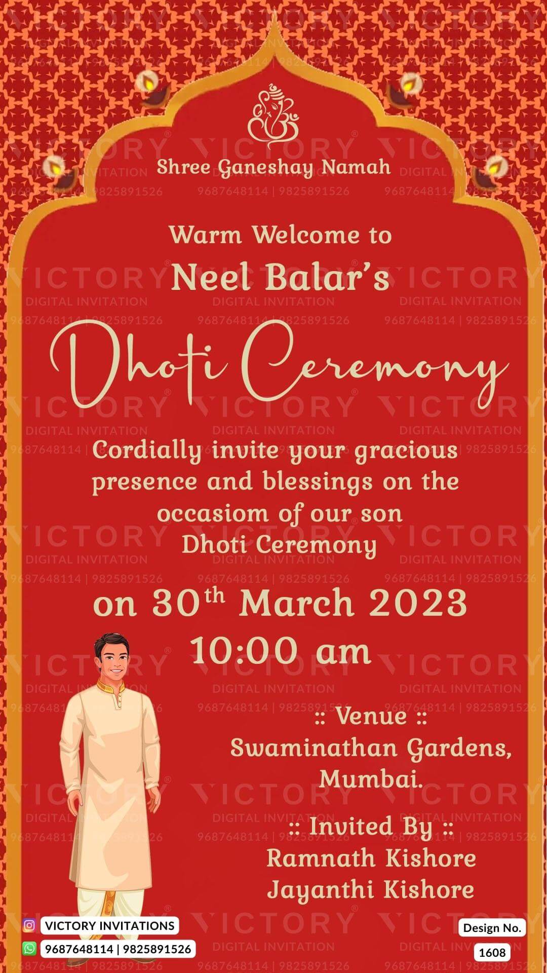 Dhoti ceremony invitation card in english language with traditional as arch theme design 1608