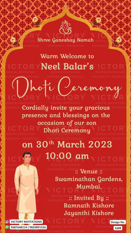 Dhoti ceremony invitation card in english language with traditional as arch theme design 1608