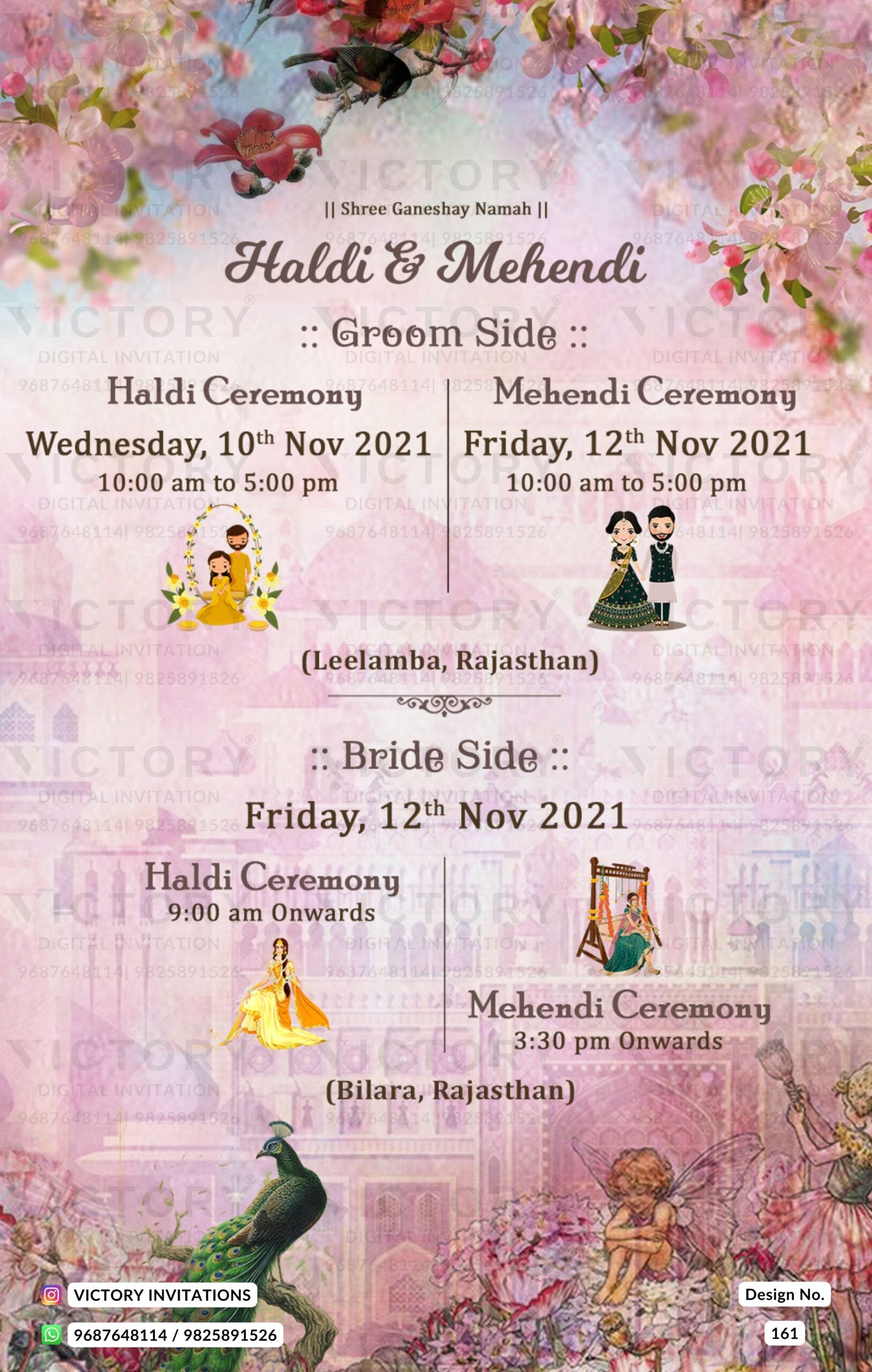 Haldi ceremony invitation card in english language with flowers, fairy as vintage theme design 161.4