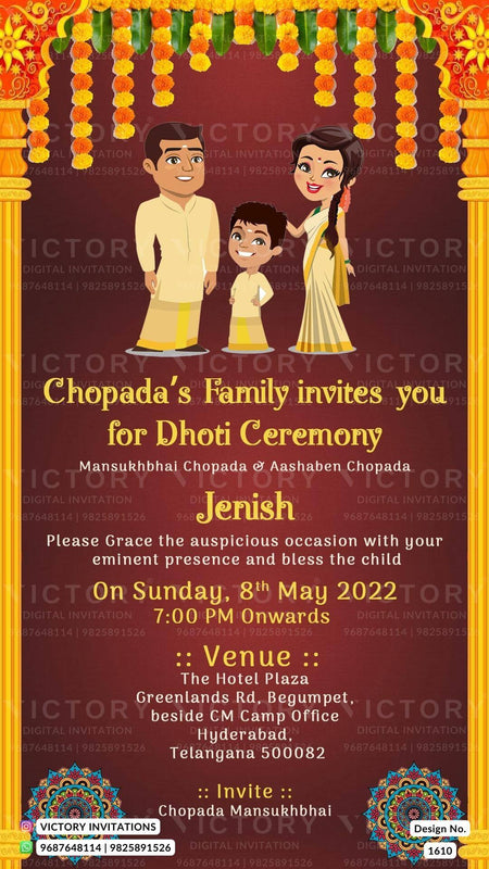 Dhoti ceremony invitation card in english language with mandala as traditional theme design 1610