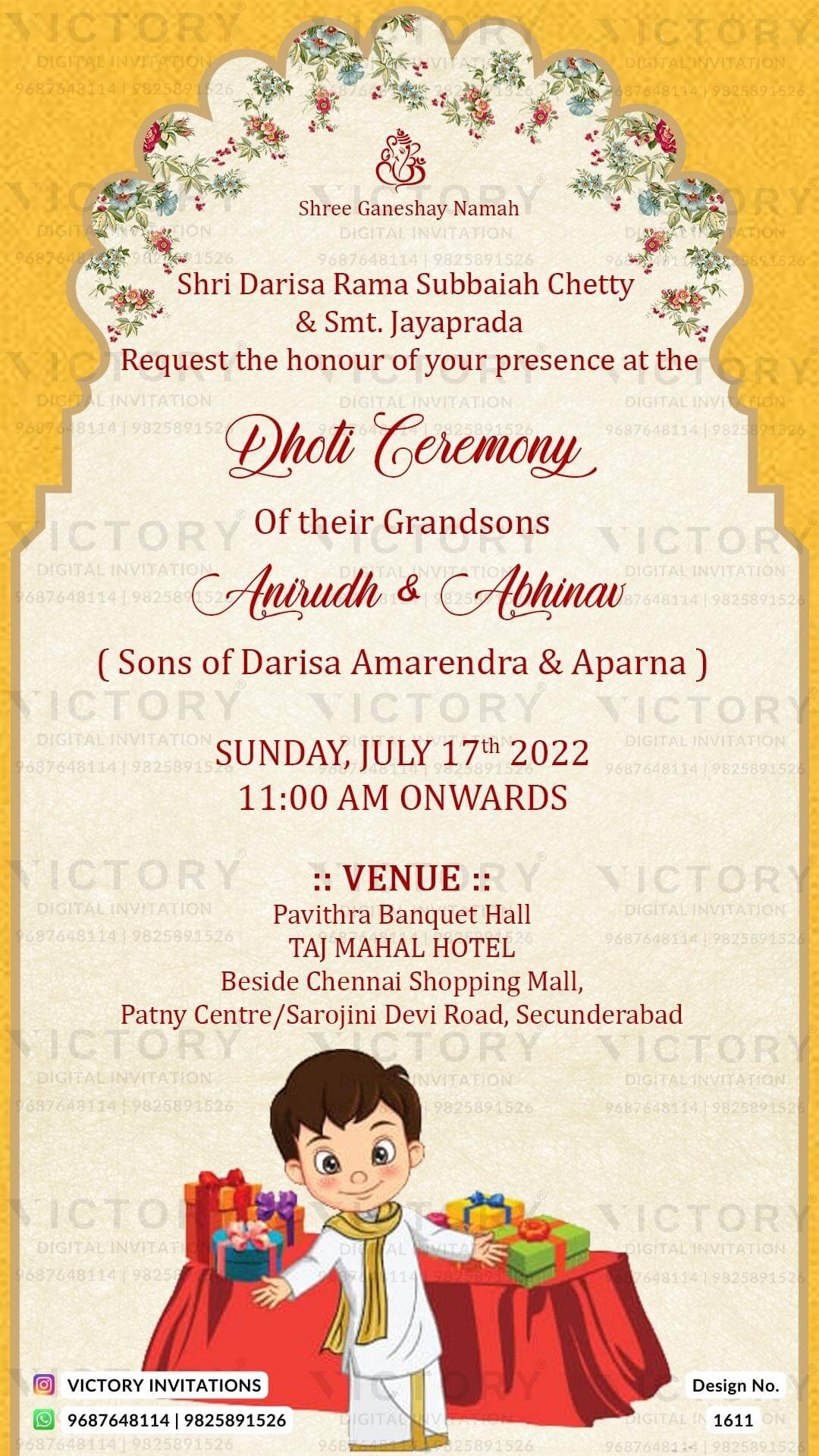 Dhoti ceremony invitation card in english language with gift as arch theme design 1611