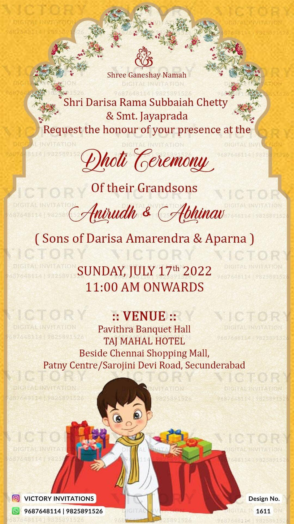 Dhoti ceremony invitation card in english language with gift as arch theme design 1611