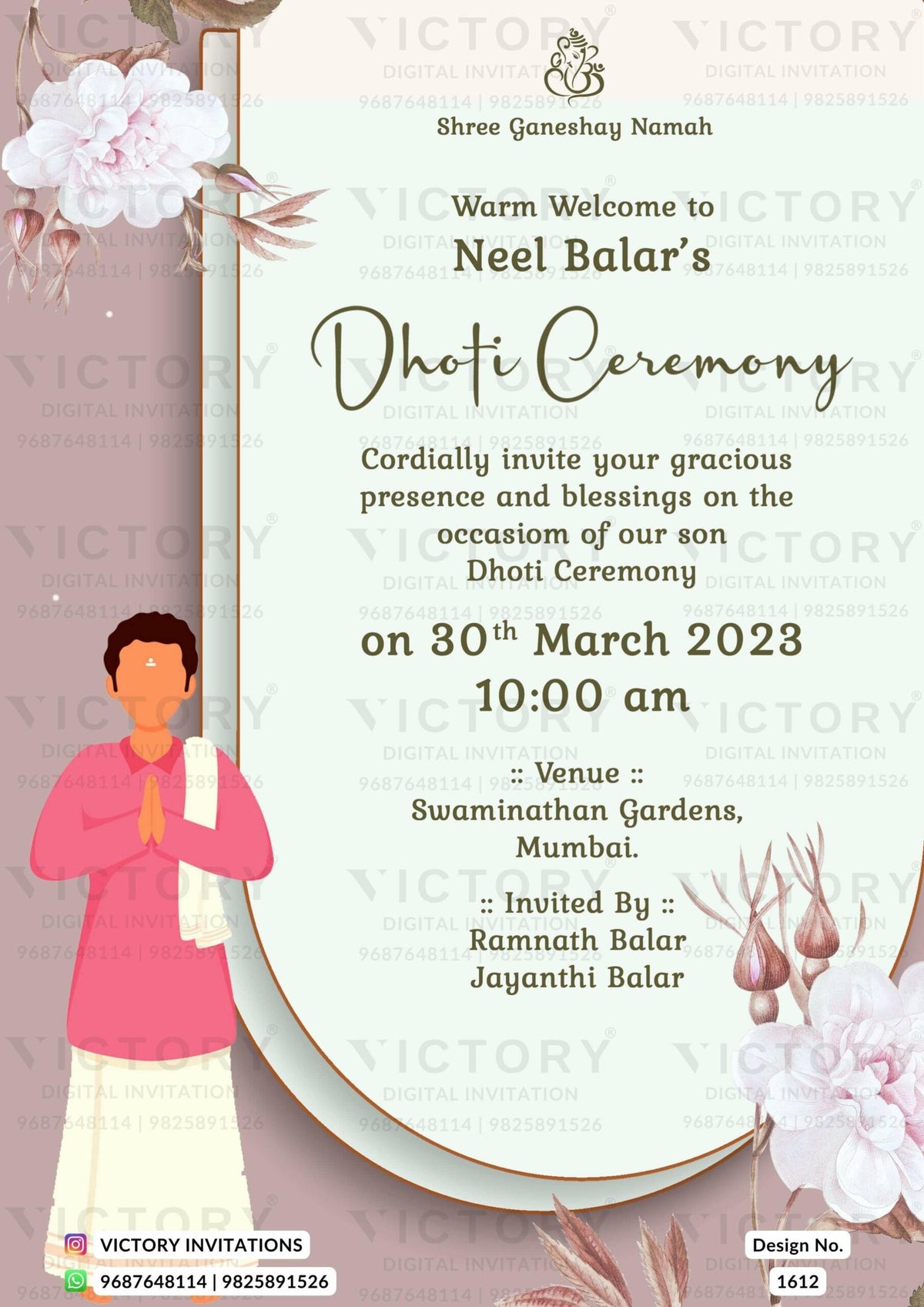 Dhoti ceremony invitation card in english language with rounded frame theme design 1612