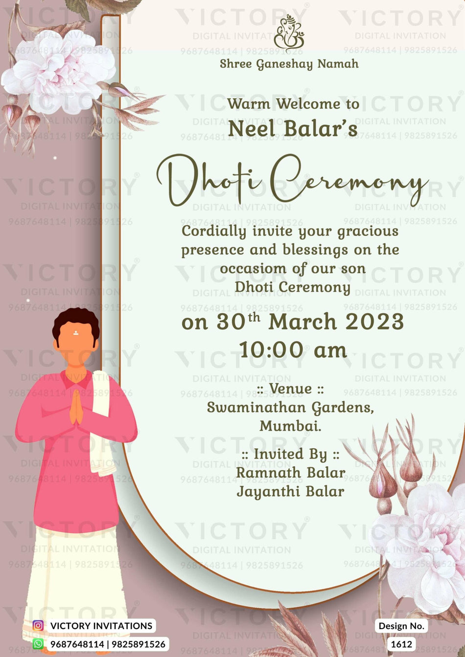 Dhoti ceremony invitation card in english language with rounded frame theme design 1612