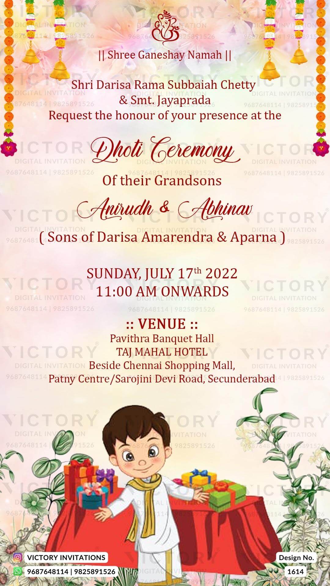 Dhoti ceremony invitation card in english language with gift as leaves theme design 1614
