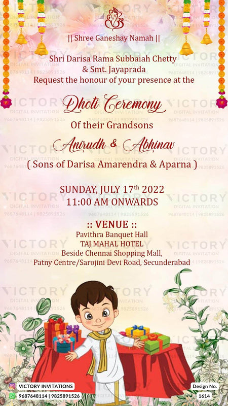Dhoti ceremony invitation card in english language with gift as leaves theme design 1614