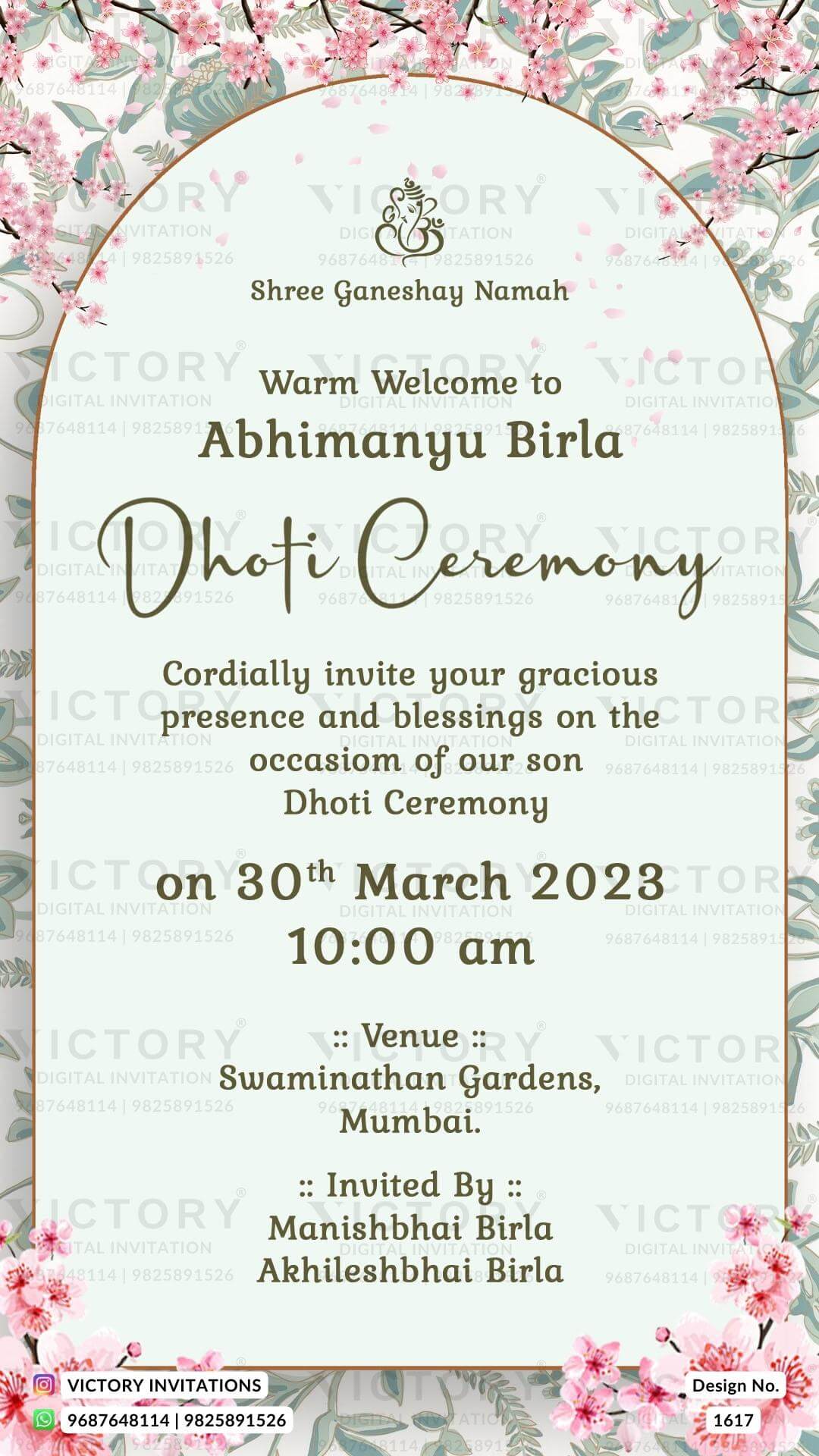 Dhoti ceremony invitation card in english language with artistic leaves theme design 1617