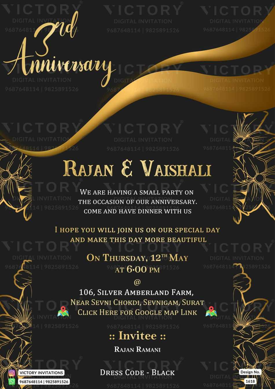 3rd Wedding Anniversary invitation card in English language with golden lines, flowers as minimalistic theme design 1618