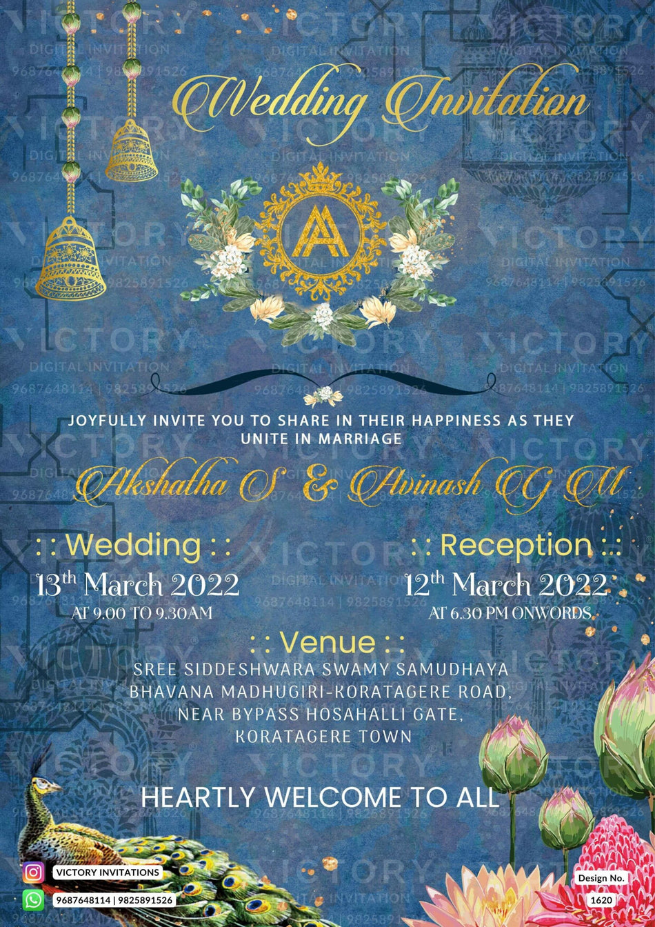 Wedding ceremony invitation card of hindu south indian kannada family in english language with traditional theme design 1620