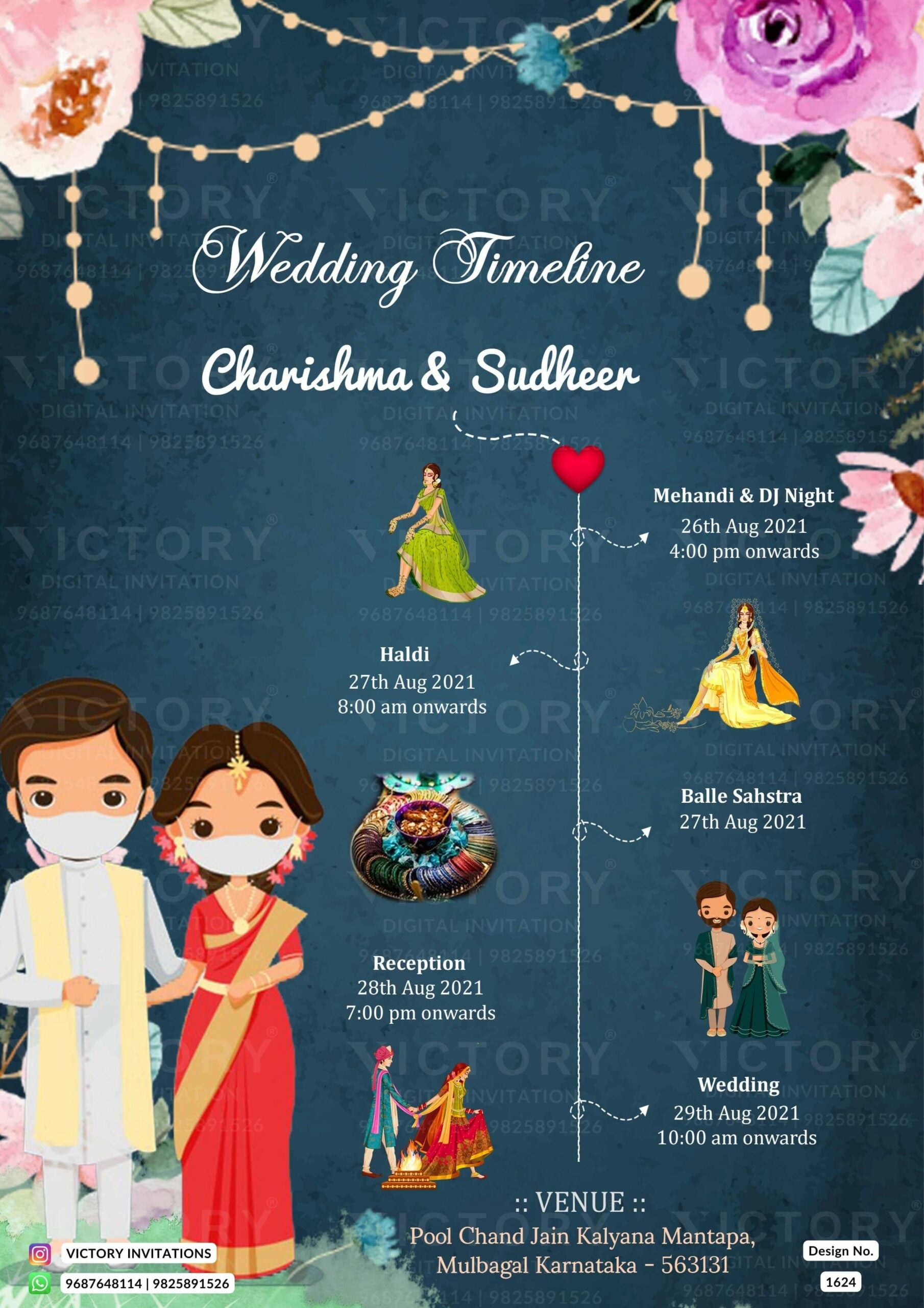 Wedding Timeline ceremony invitation card in english language with floral theme design 1624