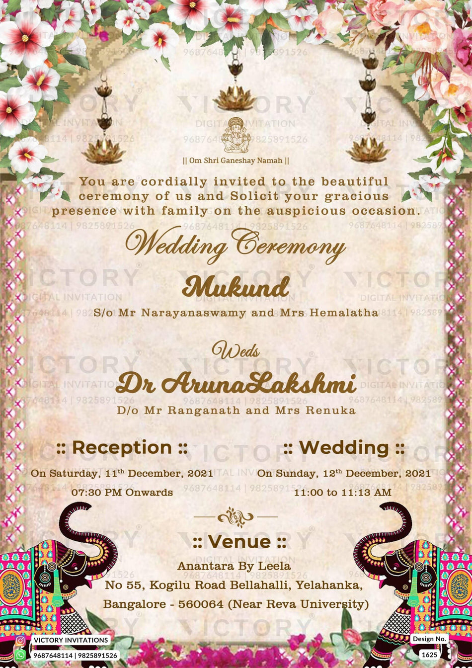 Wedding ceremony invitation card of hindu south indian kannada family in english language with traditional theme design 1625