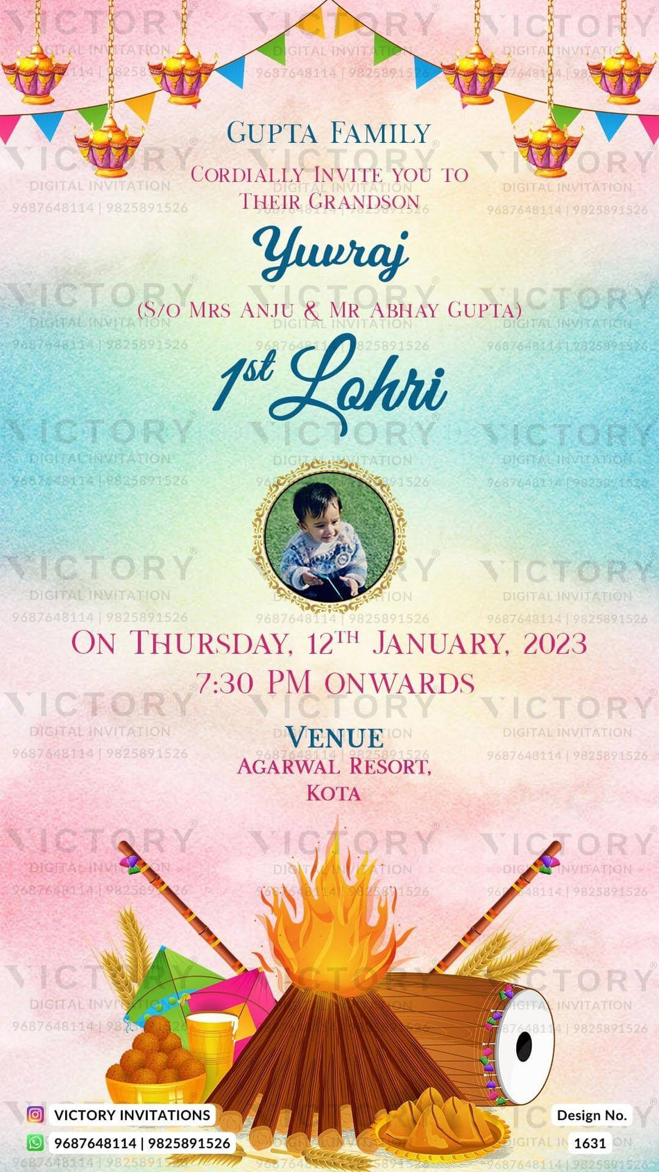 Lohri invitation card in english language with toran, bonfire, dholki, kite, glass as minimalistic theme design 1631