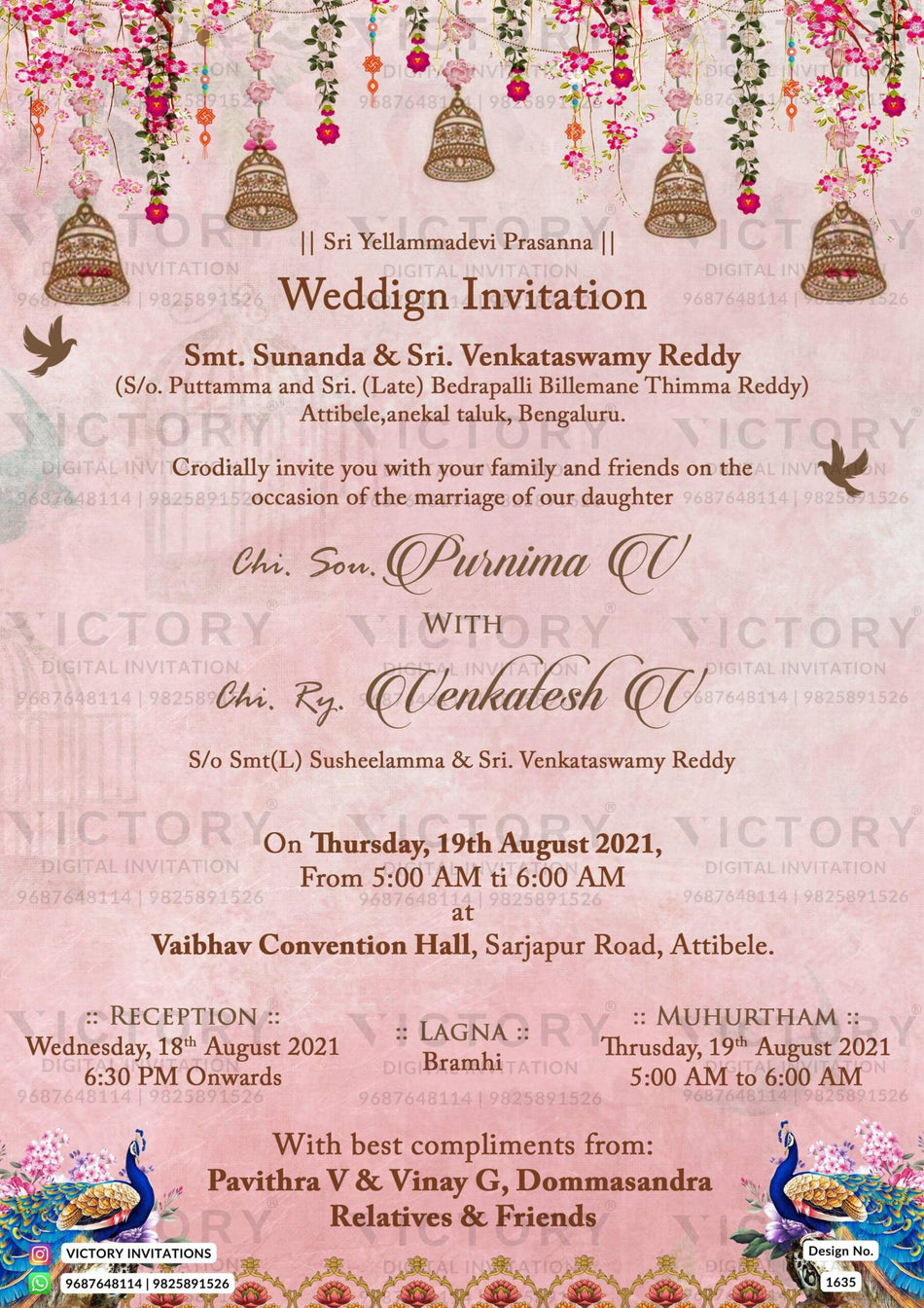 Engagement ceremony invitation card in english language with peacock, lantern, flowers as traditional theme design 131