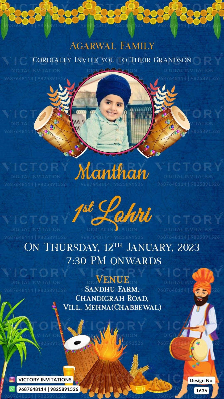 Lohri invitation card in english language with dholki, bonfire, leaves, doodle, frame, baby image as minimalistic theme design 1636