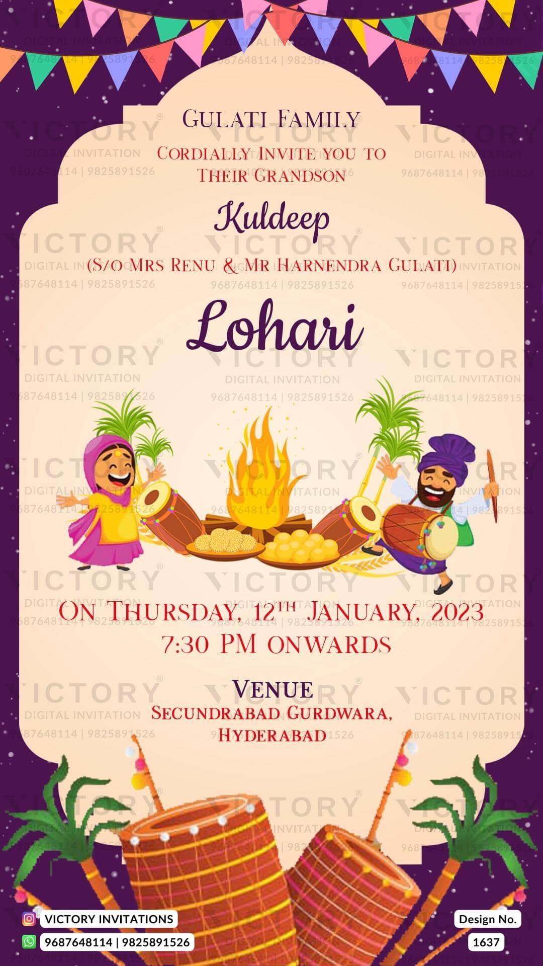 Lohri invitation card in english language with bonfire, doodle, tabla, toran as arch theme design 1637
