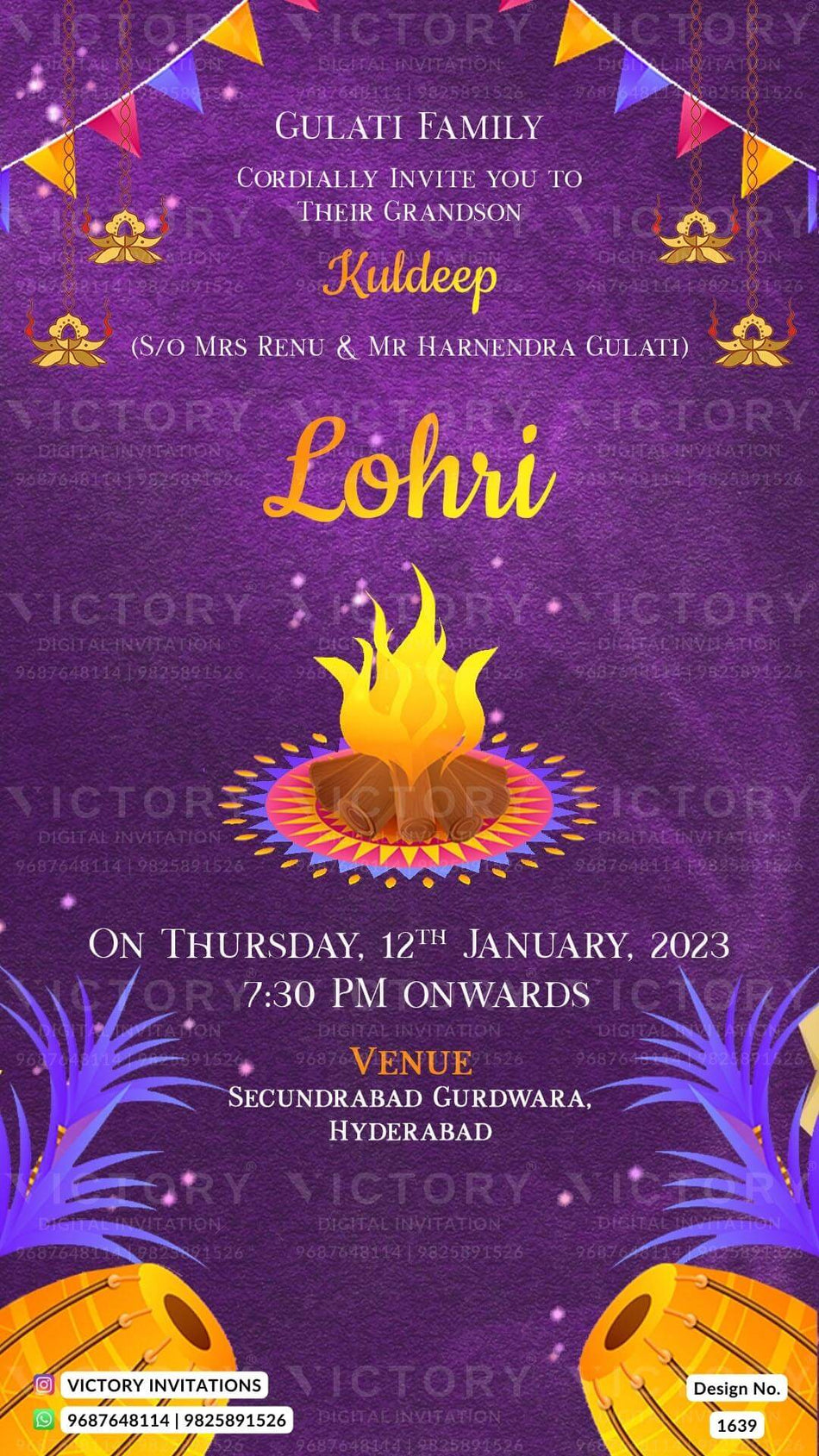 Lohri invitation card in english language with bonfire, tabla, hanging, toran as traditional theme design 1639