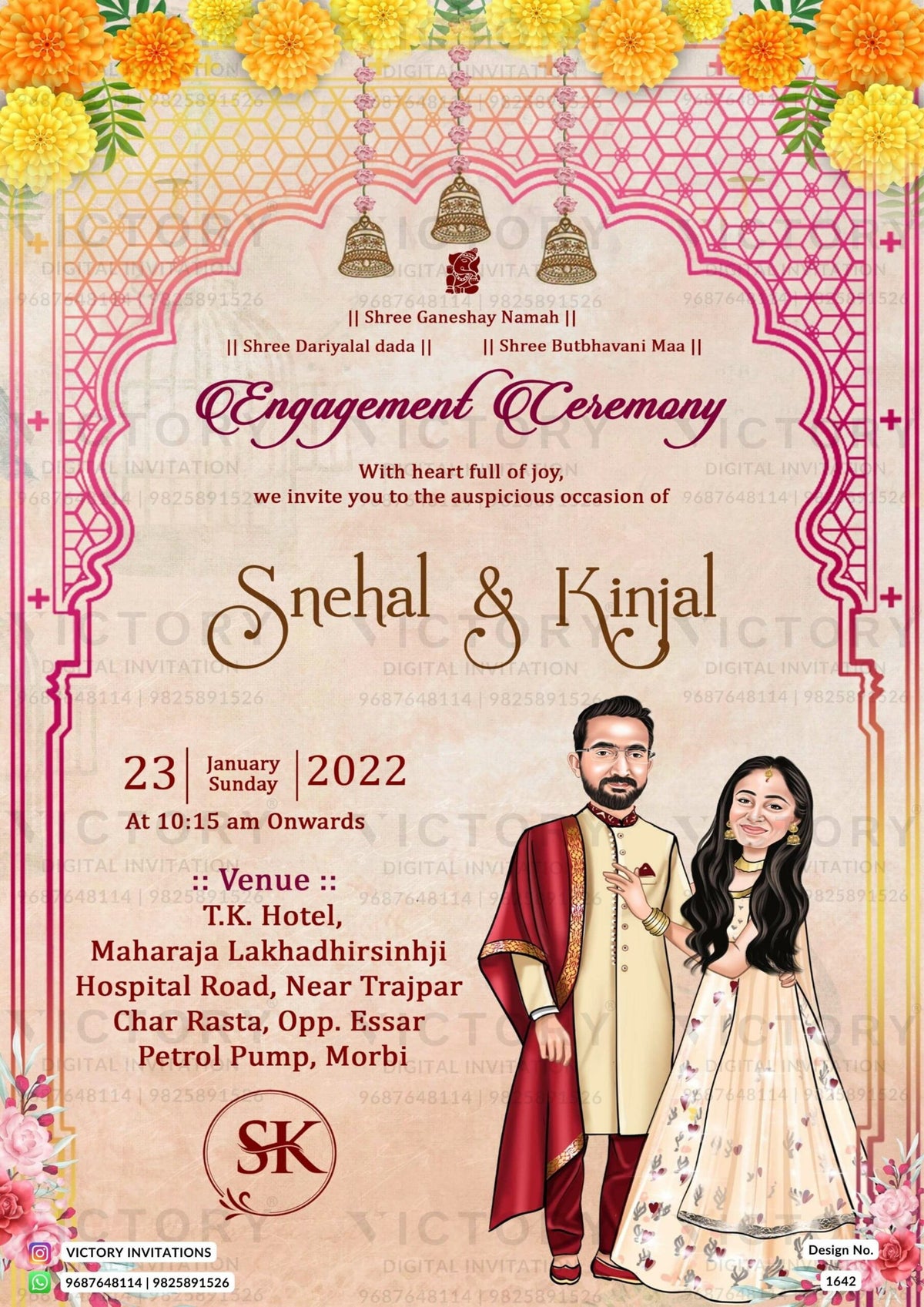 Traditional couple caricature invitation card for Engagement ceremony in Englsih language with flowers, couple logo as traditional theme design 1642