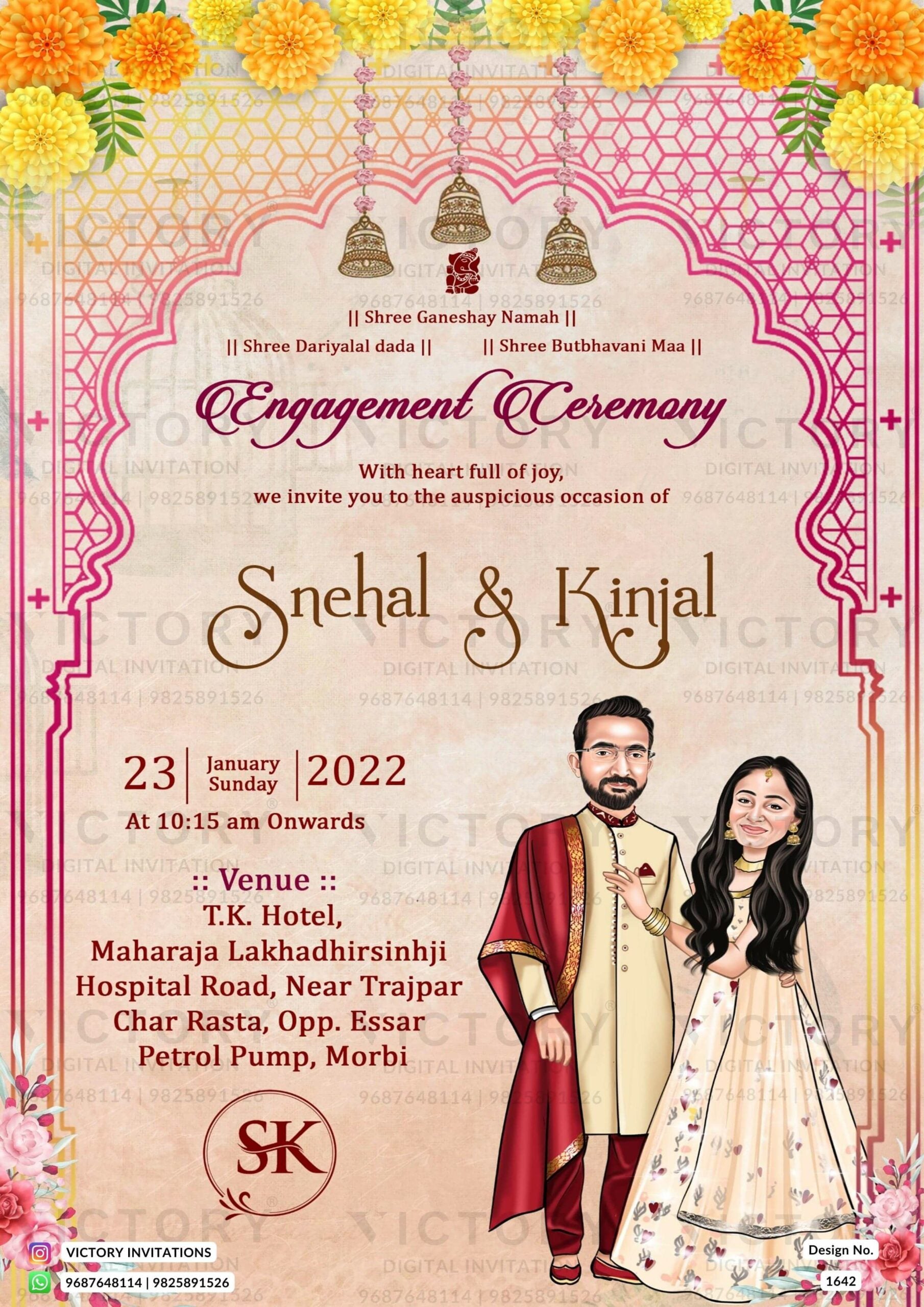 Traditional couple caricature invitation card for Engagement ceremony in Englsih language with flowers, couple logo as traditional theme design 1642