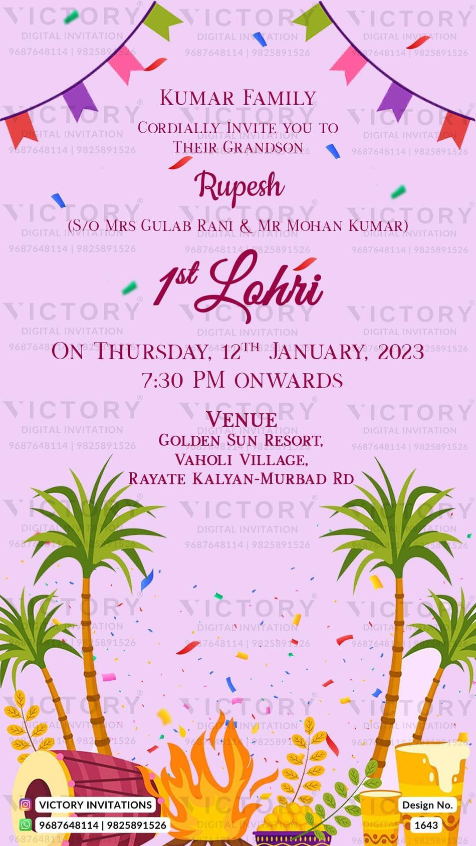 Lohri invitation card in english language with bonfire, dholki, tree, glass, toran as minimalistic theme design 1643