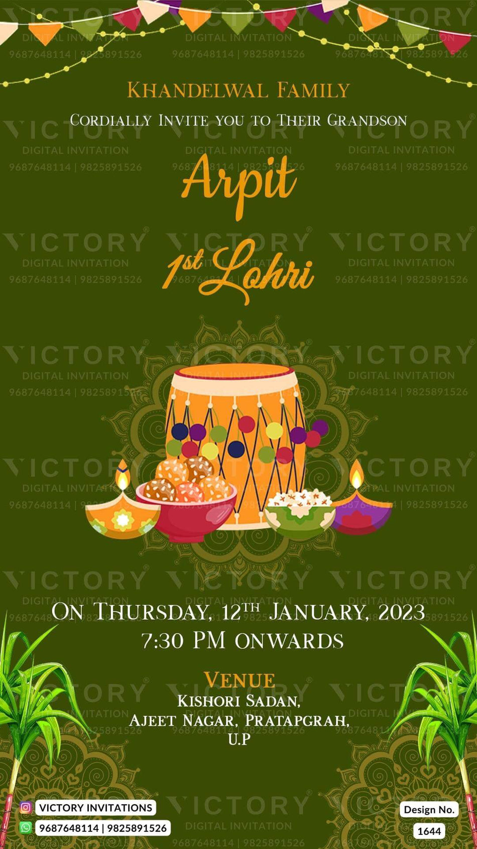 Lohri invitation card in english language with string light, diya, tabla, leaves as mandala theme design 1644