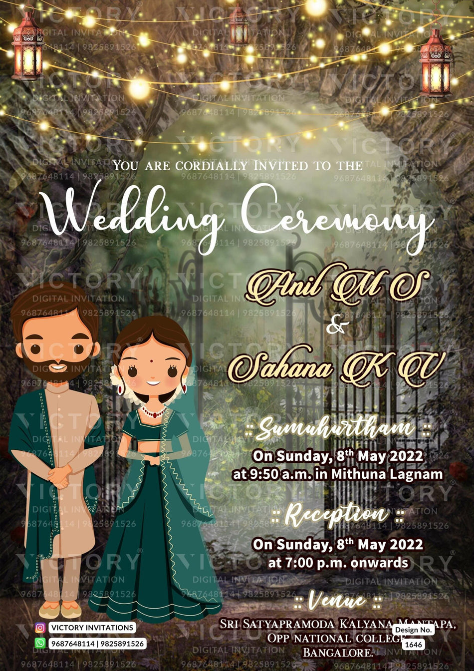 Wedding ceremony invitation card of hindu south indian kannada family in english language with spooky theme design 1646