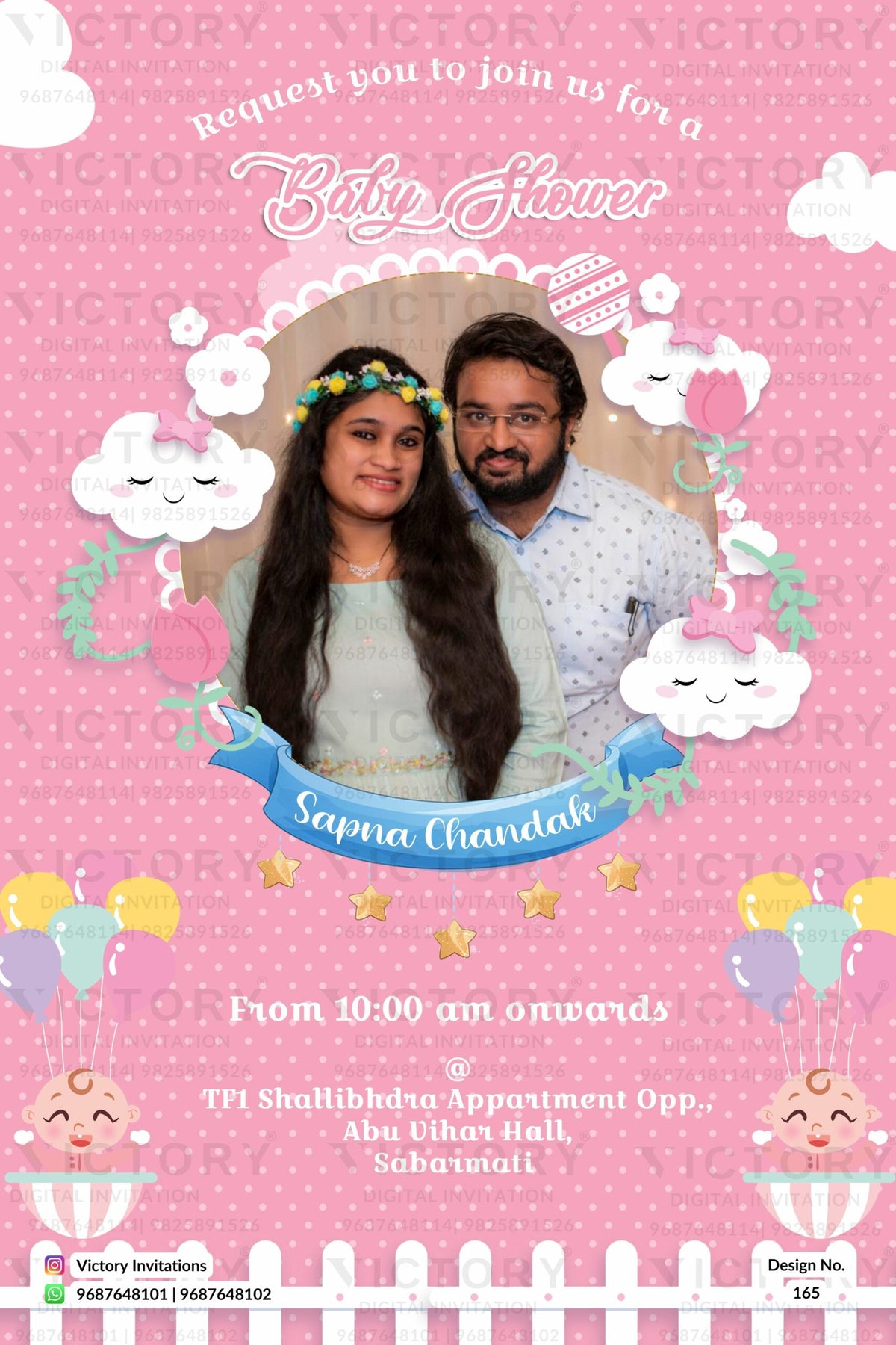 Baby Shower ceremony invitation card in english language with cloud, balloon, baby doodle as couple photo theme design 165