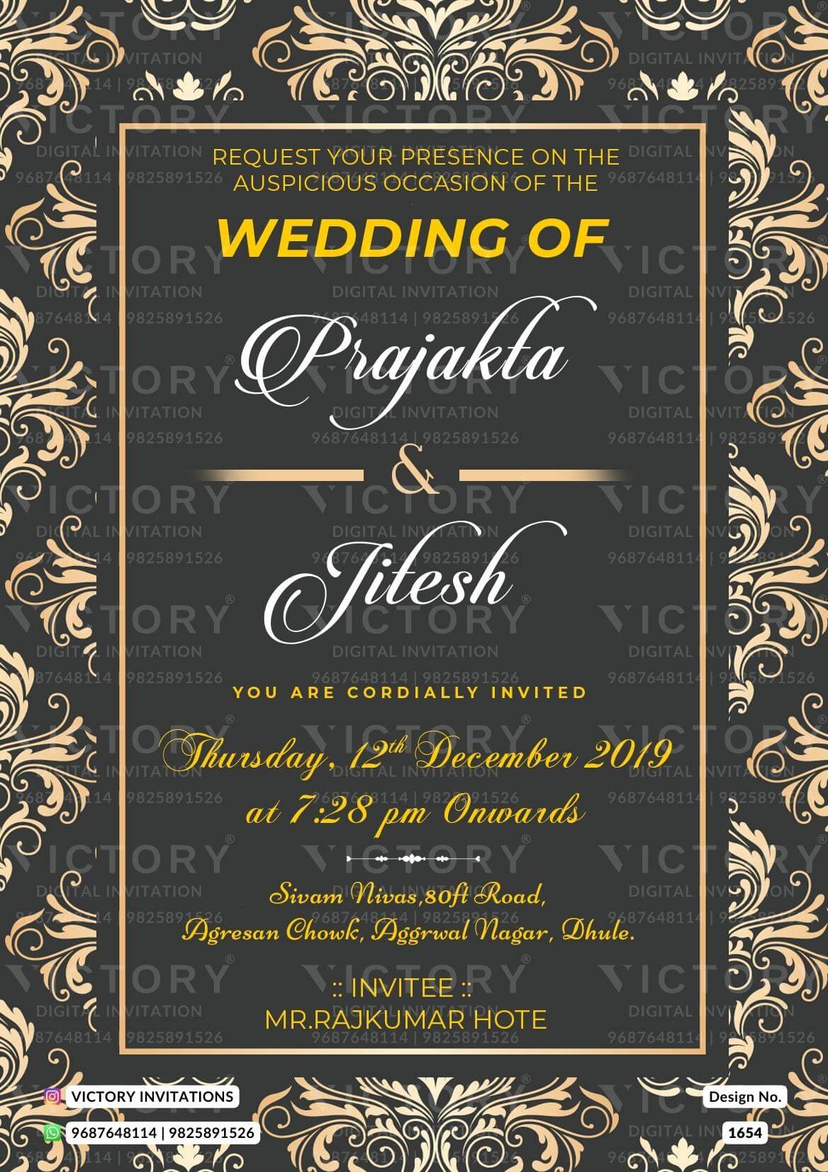 Engagement ceremony invitation card in english language with golden frame as traditional theme design 1654