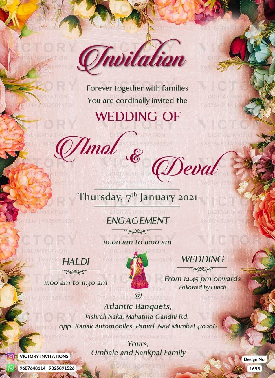 Wedding ceremony invitation card of hindu south indian kannada family in english language with floral theme design 1655