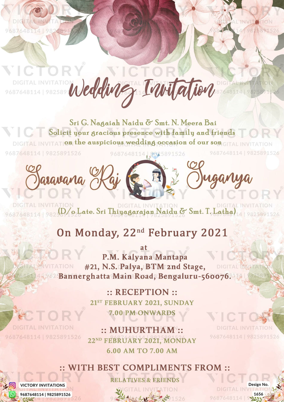 Wedding ceremony invitation card of hindu south indian kannada family in english language with artistic flowers theme design 1656