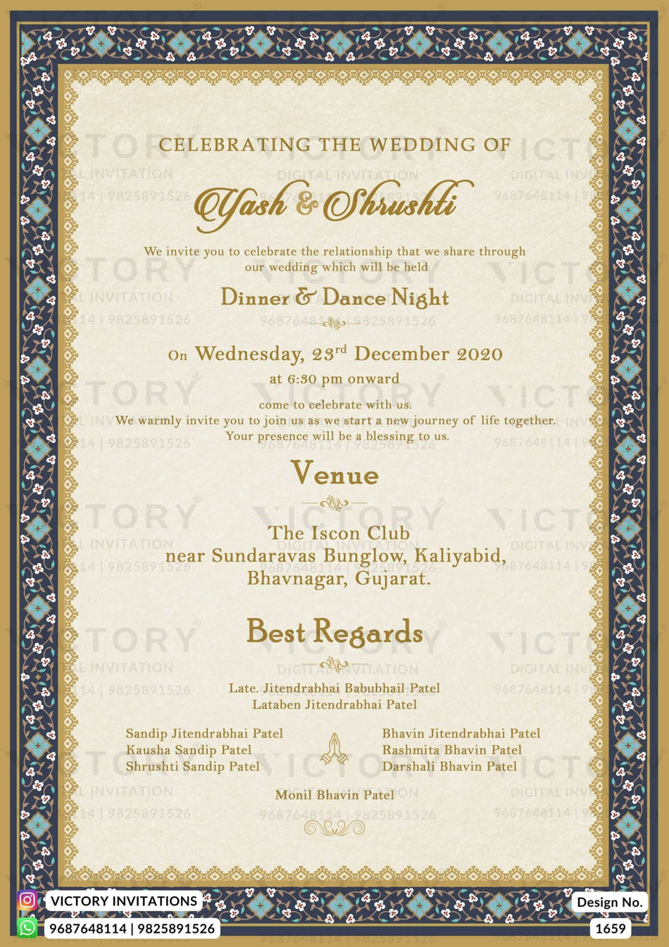 Wedding ceremony invitation card of hindu gujarati patel family in english language with minimalistic theme design 1659