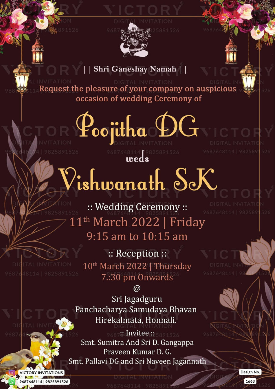 Wedding ceremony invitation card of hindu south indian kannada family in english language with vintage floral theme design 1663