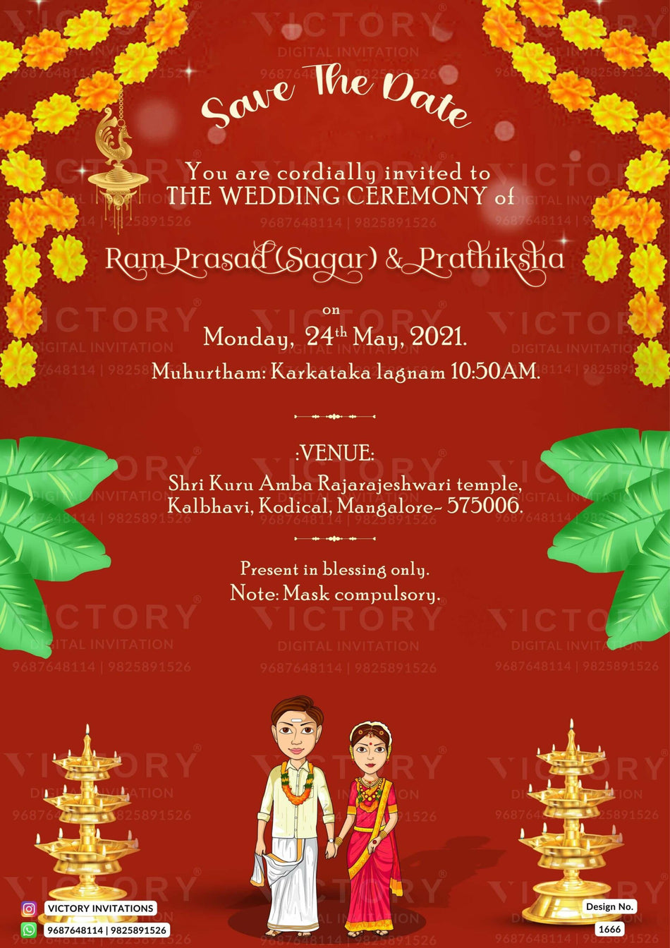 Wedding ceremony invitation card of hindu south indian kannada family in english language with traditional theme design 1666