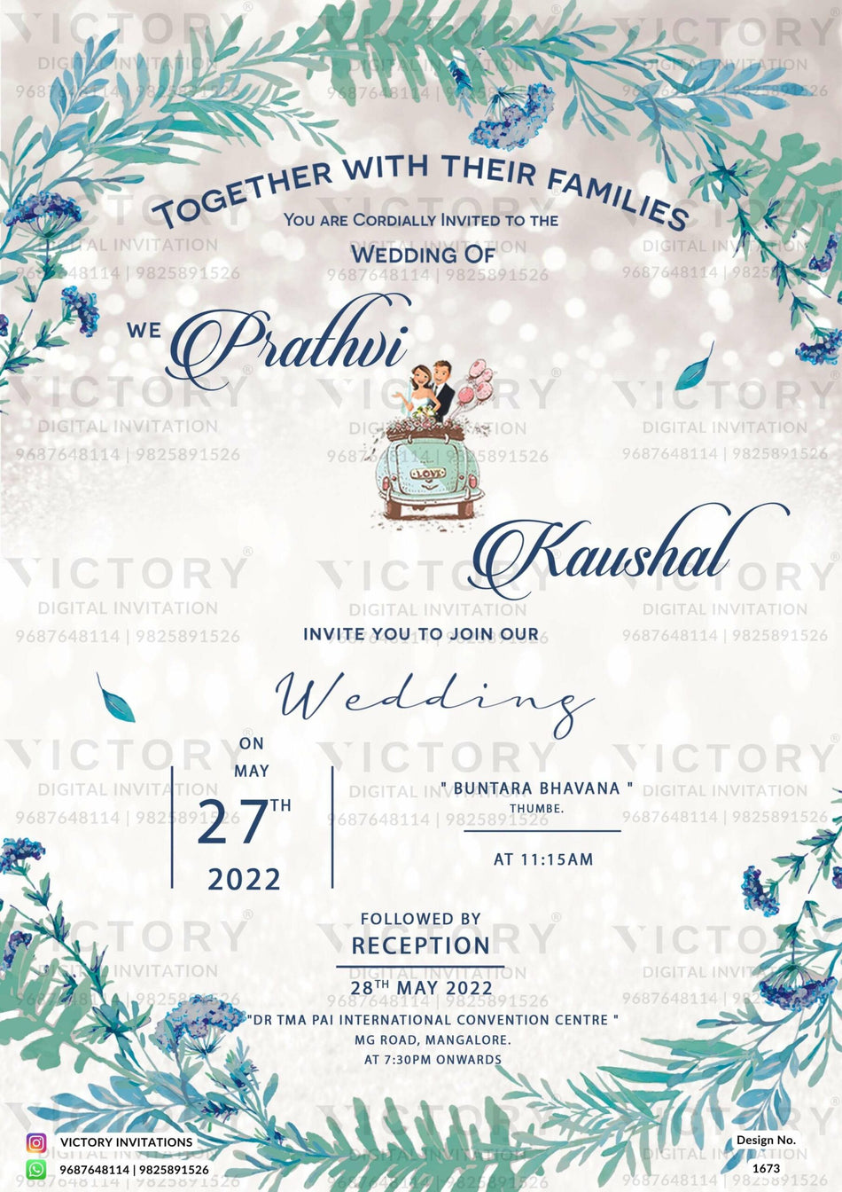 Wedding ceremony invitation card of hindu south indian kannada family in english language with artistic leaves theme design 1673