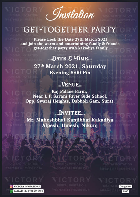 Get Together Party ceremony invitation card in english language with night party theme design 1680